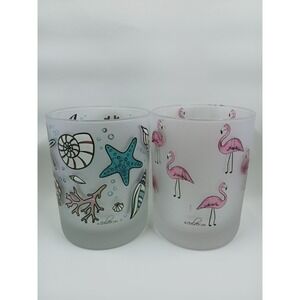 Culver FROSTED Vintage Hand PAINTED FLAMINGOS and SEASHELL Barware Set of 2